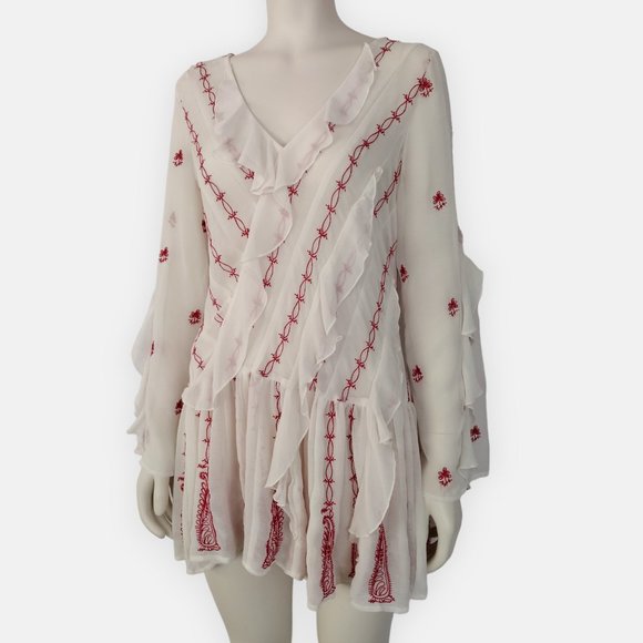 Free People White Chiffon Red Embroidered V Neck Boho Tunic Top - Picture 4 of 16